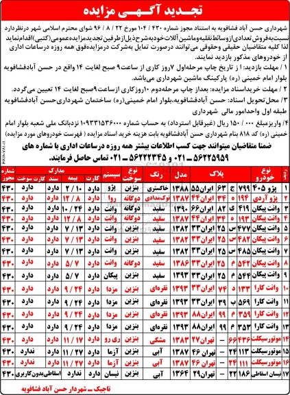 تجدید آگهی مزایده, مزایده فروش تعدادی از وسائط نقلیه و ماشین آلات