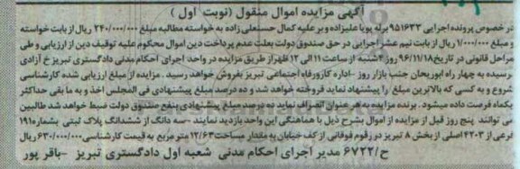 مزایده,مزایده سه دانگ از ششدانگ پلاک ثبتی بخش 8 تبریز 