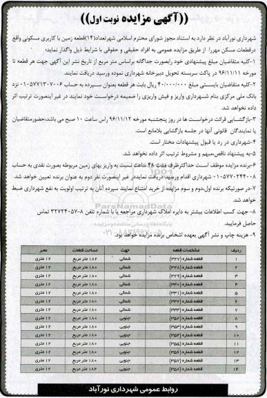 مزایده,مزایده واگذاری تعداد 14 قطعه زمین مسکونی 