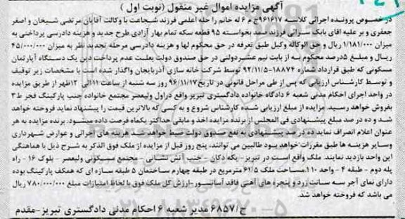 مزایده,مزایده آپارتمان مسکونی نوبت اول غیرمنقول