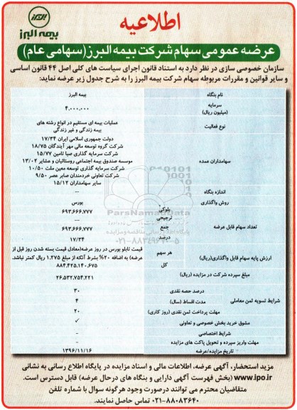 اطلاعیه ، اطلاعیه عرضه عمومی سهام شرکت بیمه