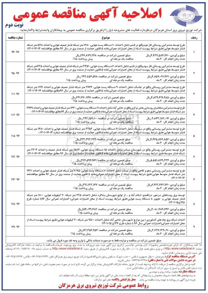 اصلاحیه آگهی مناقصه عمومی, مناقصه طرح توسعه مشترکین روستایی ... اصلاحیه نوبت دوم