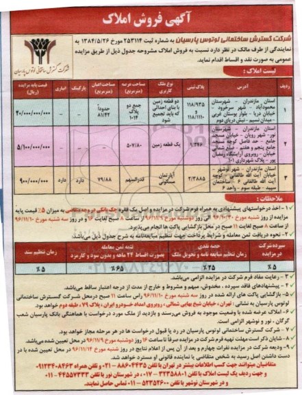 مزایده ,مزایده فروش املاک بصورت نقد و اقساط استان مازندران