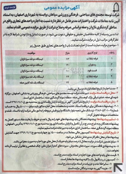آگهی مزایده عمومی، مزایده اجاره واحدهای تجاری نوبت دوم