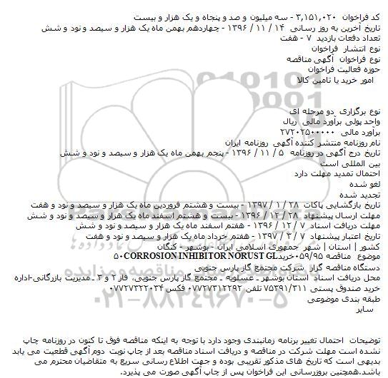 مناقصه , مناقصه خریدCORROSION INHIBITOR NORUST GL۵۰    