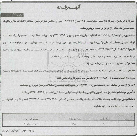 مزایده,مزایده فروش تعدادی از قطعات تجاری مساحت 49.70متر