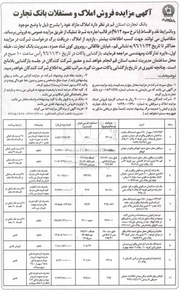 مزایده,مزایده فروش املاک و مستغلات بانک تجارت