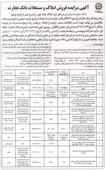 مزایده,مزایده فروش املاک و مستغلات بانک تجارت 