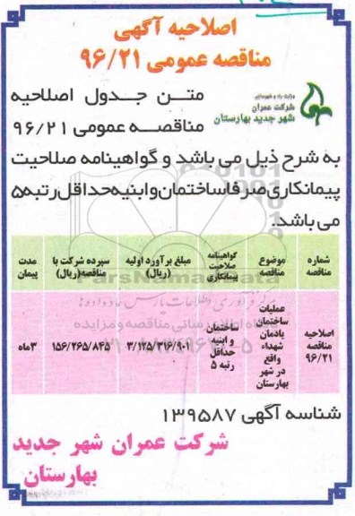 اصلاحیه مناقصه ,مناقصه عملیات ساختمان