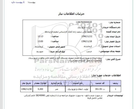 استعلام, استعلام پروژه اصلاح و بهینه شبکه فشار ضعیف