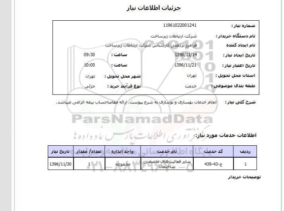 استعلام, استعلام انجام خدمات بهسازی و نوسازی