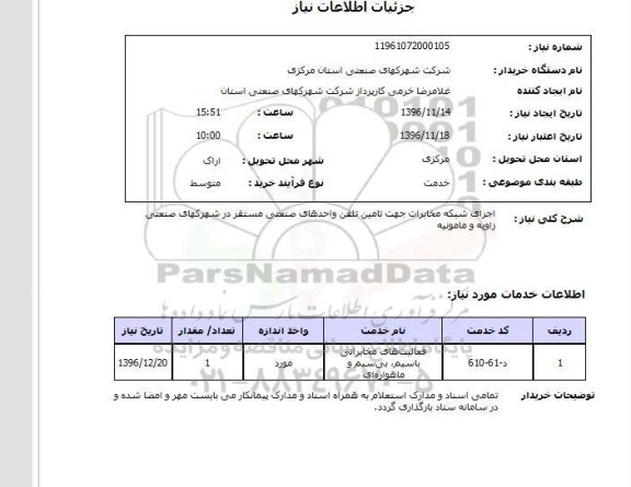 استعلام، استعلام اجرای شبکه مخابرات جهت تامین تلفن