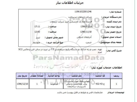 استعلام, استعلام تهیه، نصب و راه اندازی دو دستگاه پکیج سرمایشی