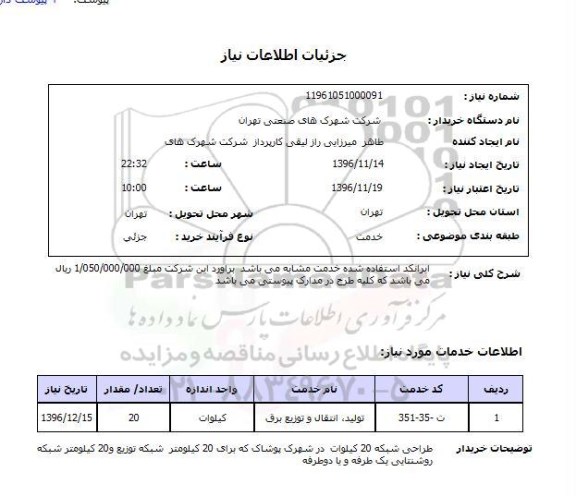 استعلام , استعلام طراحی شبکه 20 کیلووات