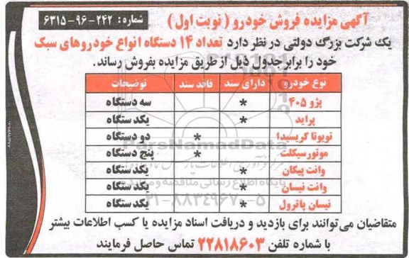 آگهی مزایده, مزایده فروش تعداد 14 دستگاه انواع خودروهای سبک