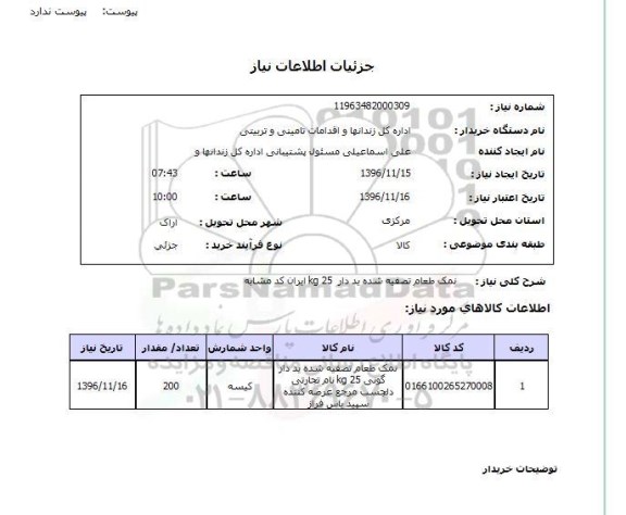 استعلام , استعلام نمک طعام تصفیه شده یددار