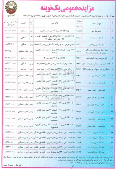 مزایده,مزایده واگذاری تعداد 20 قطعه زمین بصورت نقدی 