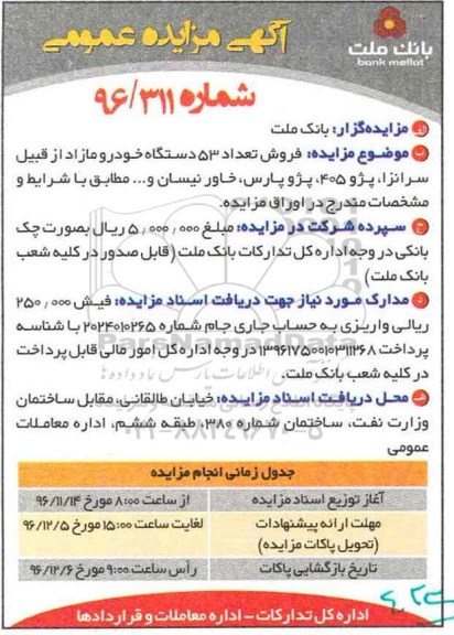 آگهی مزایده عمومی, مزایده فروش تعداد 53 دستگاه خودرو مازاد