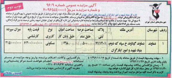 مزایده,مزایده پلاک ثبتی مساحت عرصه 500 متر نوبت دوم