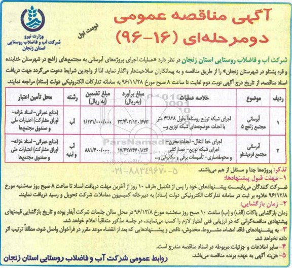 مناقصه عملیات اجرای پروژه های آبرسانی...