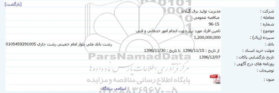 مناقصه,مناقصه تامین افراد مورد نیاز جهت انجام امور خدماتی و فنی