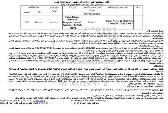 آگهی مناقصه, مناقصه nder Balance Perforation Equipment