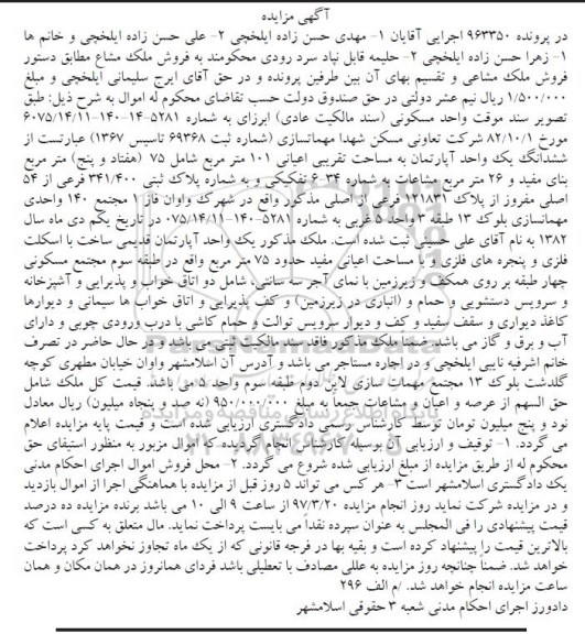 مزایده,مزایده ششدانگ آپارتمان مساحت اعیان 101 متر