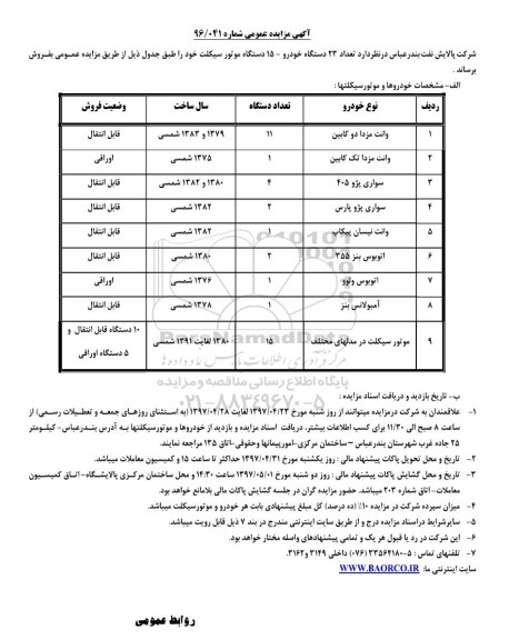 آگهی مزایده عمومی,مزایده تعداد 23 دستگاه خودرو - 15 دستگاه موتور سیکلت