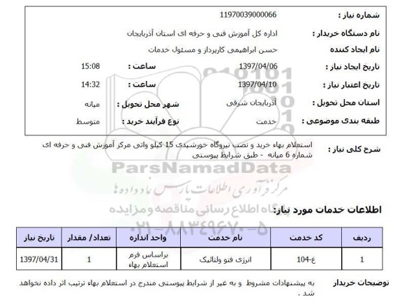 استعلام, بها خرید و نصب نیروگاه خورشیدی 15 کیلوواتی