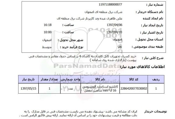 استعلام, استعلام تجهیزات کابل...