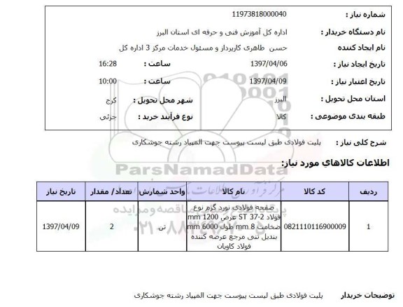 استعلام, پلیت فولادی 