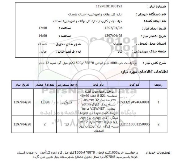 استعلام , استعلام خرید 1000 کیلو قوطی 8*8*4 و 1500 کیلو میل گرد