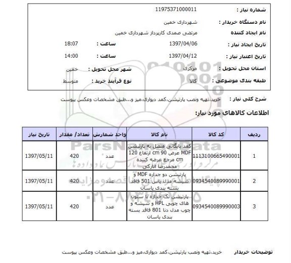استعلام, استعلام خرید، تهیه و نصب پارتیشن کمد دیواری، میز و ...