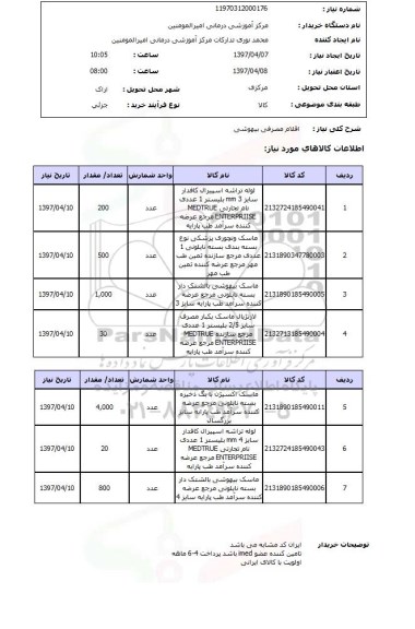 استعلام, استعلام اقلام مصرفی بیهوشی