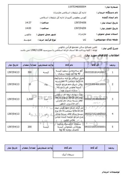 استعلام, استعلام تامین مصالح سالن ...