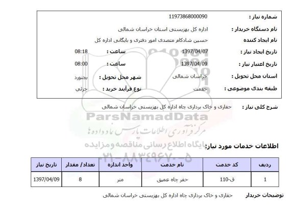 استعلام, استعلام حفاری و خاک برداری چاه