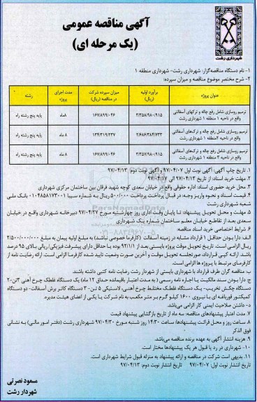 مناقصه، مناقصه ترمیم روسازی شامل رفع چاله و...
