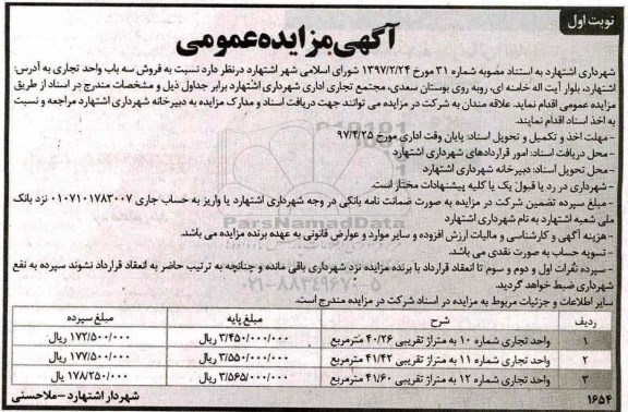 مزایده,مزایده فروش سه باب واحد تجاری مساحت 40.26-41.42-41.60متر
