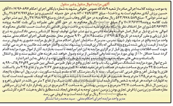 مزایده,مزایده ششدانگ سرقفلی واحد تجاری مساحت 44.5 متر