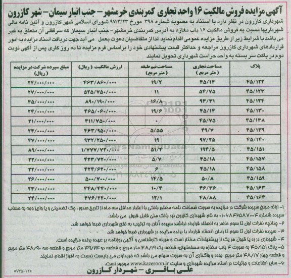 مزایده ,مزایده فروش مالکیت 16 واحد تجاری