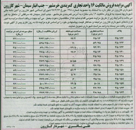 مزایده ,مزایده فروش مالکیت 16 واحد تجاری 