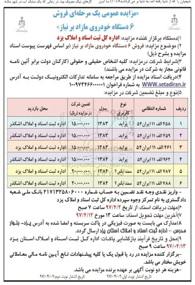 مزایده عمومی یک مرحله ای , مزایده فروش 6 دستگاه خودروی مازاد بر نیاز نوبت دوم