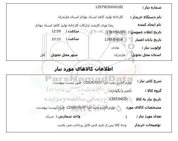 استعلام, لوازم الکتروپمپ ابارا CDX/A70/07