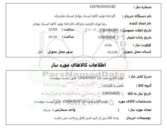 استعلام, لوازم الکتروپمپ ابارا CDX/A70/07 