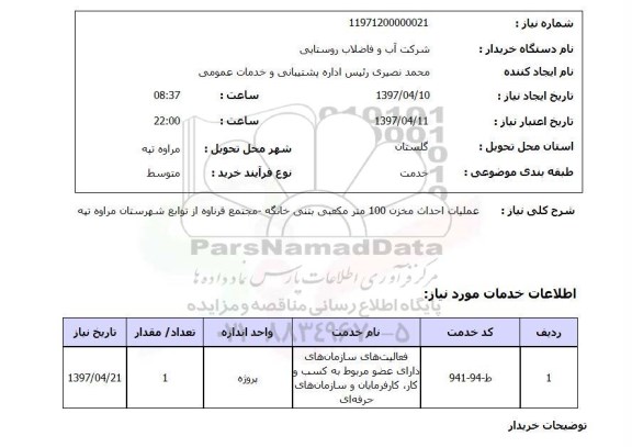 استعلام, عملیات احداث مخزن 100 مترمکعبی بتنی