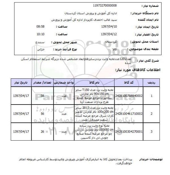 استعلام ,استعلام تعداد120 عدد تخته وایت برد ...