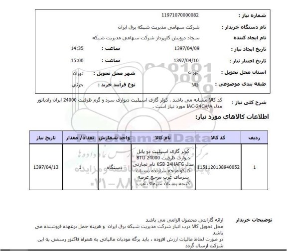 استعلام, استعلام کولر گازی اسپیلت دو پانل دیواری