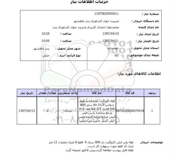 استعلام ، استعلام لوله کاروگیت دو جداره 