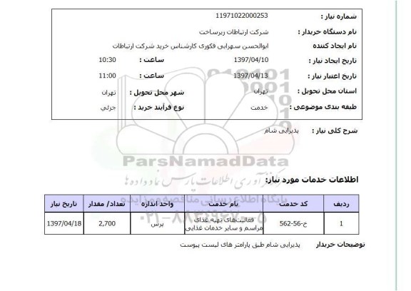 استعلام, استعلام پدیرایی شام