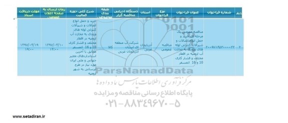 مناقصه عمومی, مناقصه عمومی یک مرحله ای خرید و حمل انواع اتصالات و شیرآلات کنترلی